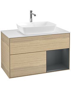 Villeroy und Boch Finion Waschtischunterschrank F781HGPC 100cm, Abdeckplatte white matt, Regale Midnight matt lacquer, Oak Veneer