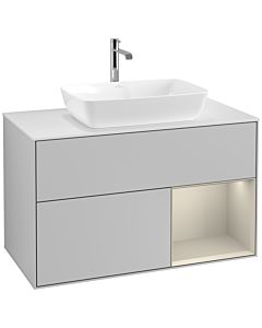 Villeroy und Boch Finion Waschtischunterschrank F781HHGJ 100cm, Abdeckplatte white matt, Regale sand matt lacquer, Light grey matt