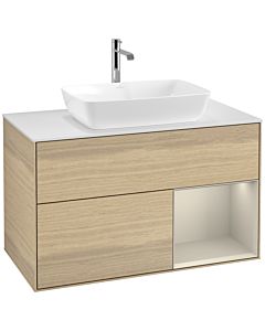 Villeroy und Boch Finion Waschtischunterschrank F781HHPC 100cm, Abdeckplatte white matt, Regale sand matt lacquer, Oak Veneer