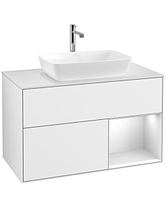 Villeroy und Boch Finion Waschtischunterschrank F781MTGF 100cm, Abdeckplatte white matt, Regale White matt lacquer, Glossy white lacquer