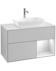 Villeroy und Boch Finion Villeroy und Boch F781MTGJ 100cm, plaque de recouvrement blanc mat, étagères laqué blanc mat, gris clair mat