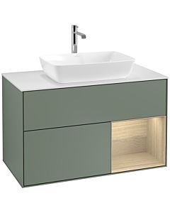 Villeroy und Boch Finion Villeroy und Boch F781PCGM 100cm, plaque de recouvrement blanc mat, étagères Oak Veneer , Olive Matt Lacquer