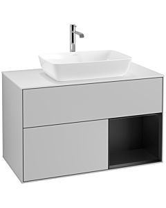 Villeroy und Boch Finion Waschtischunterschrank F781PDGJ 100cm, Abdeckplatte white matt, Regale Black matt lacquer, Light grey matt