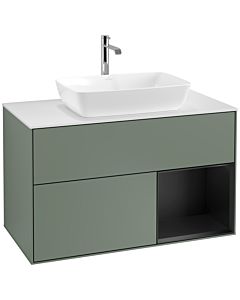 Villeroy und Boch Finion Villeroy und Boch F781PDGM 100cm, plaque de recouvrement blanc mat, étagères laqué noir mat, Olive Matt Lacquer