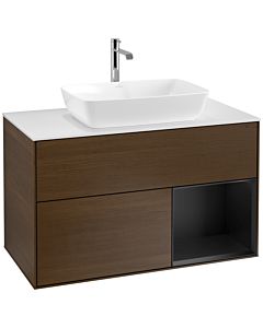 Villeroy und Boch Finion Waschtischunterschrank F781PDGN 100cm, Abdeckplatte white matt, Regale Black matt lacquer, Walnut veneer