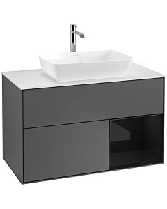 Villeroy und Boch Finion Waschtischunterschrank F781PHGK 100cm, Abdeckplatte white matt, Regale Glossy black lacquer, Anthracite matt