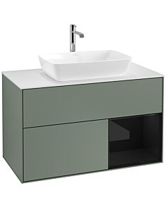 Villeroy und Boch Finion Villeroy und Boch F781PHGM 100cm, plaque de recouvrement blanc mat, étagères Laque noire brillante, Olive Matt Lacquer