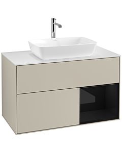 Villeroy und Boch Finion Villeroy und Boch F781PHHH 100cm, plaque de recouvrement blanc mat, étagères Laque noire brillante, Sand Matt Lacquer