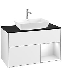 Villeroy und Boch Finion Waschtischunterschrank F782GFGF 100cm, Abdeckplatte black matt, Regale Glossy white lacquer, Glossy white lacquer