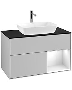 Villeroy und Boch Finion Waschtischunterschrank F782GFGJ 100cm, Abdeckplatte black matt, Regale Glossy white lacquer, Light grey matt