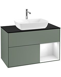 Villeroy und Boch Finion Waschtischunterschrank F782GFGM 100cm, Abdeckplatte black matt, Regale Glossy white lacquer, Olive Matt Lacquer