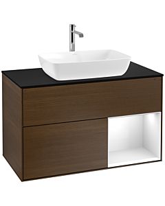 Villeroy und Boch Finion Villeroy und Boch F782GFGN 100cm, plaque de finition noir mat, étagères laqué blanc brillant, placage noyer