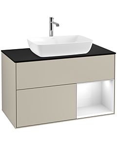 Villeroy und Boch Finion Waschtischunterschrank F782GFHH 100cm, Abdeckplatte black matt, Regale Glossy white lacquer, Sand Matt Lacquer