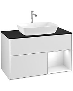 Villeroy und Boch Finion Villeroy und Boch F782GFMT 100cm, plaque de recouvrement noir mat, étagères laqué blanc brillant, laqué blanc mat