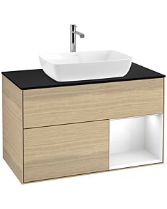 Villeroy und Boch Finion Waschtischunterschrank F782GFPC 100cm, Abdeckplatte black matt, Regale Glossy white lacquer, Oak Veneer