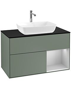 Villeroy und Boch Finion F782GJGM 100cm, plaque de recouvrement noir mat, étagères laqué gris clair mat, Olive Matt Lacquer