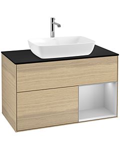 Villeroy und Boch Finion Waschtischunterschrank F782GJPC 100cm, Abdeckplatte black matt, Regale Light grey matt lacquer, Oak Veneer