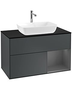Villeroy und Boch Finion Waschtischunterschrank F782GKHG 100cm, Abdeckplatte black matt, Regale Anthracite matt lacquer, Midnight Blue Matt Lacquer
