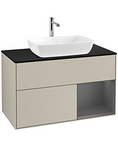 Villeroy und Boch Finion F782GKHH 100cm, plaque de recouvrement noir mat, étagères laqué anthracite mat, Sand Matt Lacquer