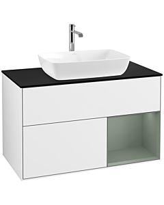 Villeroy und Boch Finion Waschtischunterschrank F782GMGF 100cm, Abdeckplatte black matt, Regale Olive matt lacquer, Glossy white lacquer