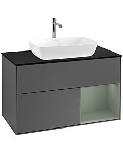 Villeroy und Boch Finion Waschtischunterschrank F782GMGK 100cm, Abdeckplatte black matt, Regale Olive matt lacquer, Anthracite matt