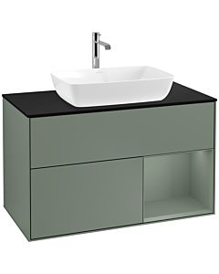 Villeroy und Boch Finion Villeroy und Boch F782GMGM 100cm, plaque de recouvrement noir mat, étagères laqué olive mat, Olive Matt Lacquer