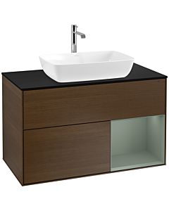 Villeroy und Boch Finion Villeroy und Boch F782GMGN 100cm, plaque de recouvrement noir mat, étagères laqué olive mat, placage noyer