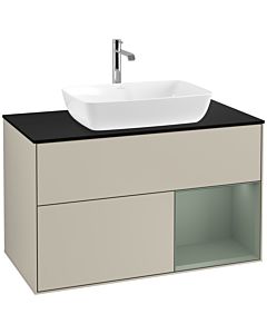 Villeroy und Boch Finion Waschtischunterschrank F782GMHH 100cm, Abdeckplatte black matt, Regale Olive matt lacquer, Sand Matt Lacquer