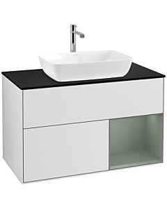 Villeroy und Boch Finion Waschtischunterschrank F782GMMT 100cm, Abdeckplatte black matt, Regale Olive matt lacquer, White matt lacquer