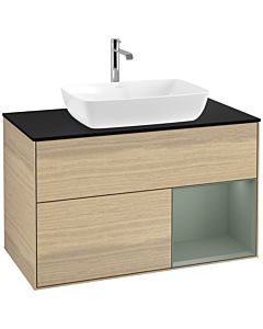 Villeroy und Boch Finion Waschtischunterschrank F782GMPC 100cm, Abdeckplatte black matt, Regale Olive matt lacquer, Oak Veneer