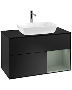 Villeroy und Boch Finion Waschtischunterschrank F782GMPD 100cm, Abdeckplatte black matt, Regale Olive matt lacquer, Black matt lacquer
