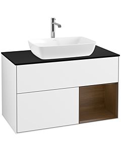 Villeroy und Boch Finion Waschtischunterschrank F782GNGF 100cm, Abdeckplatte black matt, Regale Walnut Veneer, Glossy white lacquer