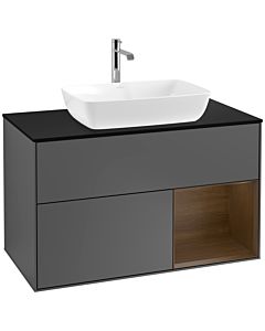 Villeroy und Boch Finion Waschtischunterschrank F782GNGK 100cm, Abdeckplatte black matt, Regale Walnut Veneer, Anthracite matt