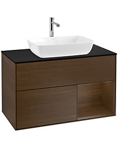 Villeroy und Boch Finion Waschtischunterschrank F782GNGN 100cm, Abdeckplatte black matt, Regale Walnut Veneer, Walnut veneer