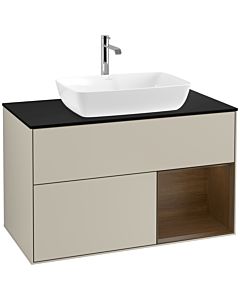 Villeroy und Boch Finion Waschtischunterschrank F782GNHH 100cm, Abdeckplatte black matt, Regale Walnut Veneer, Sand Matt Lacquer