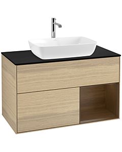 Villeroy und Boch Finion Waschtischunterschrank F782GNPC 100cm, Abdeckplatte black matt, Regale Walnut Veneer, Oak Veneer