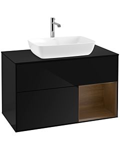 Villeroy und Boch Finion Waschtischunterschrank F782GNPH 100cm, Abdeckplatte black matt, Regale Walnut Veneer, Glossy Black Lacquer
