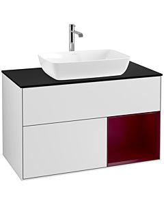 Villeroy und Boch Finion Waschtischunterschrank F782HBMT 100cm, Abdeckplatte black matt, Regale Peony matt lacquer, White matt lacquer