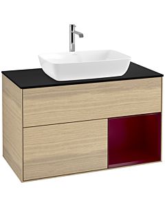 Villeroy und Boch Finion Waschtischunterschrank F782HBPC 100cm, Abdeckplatte black matt, Regale Peony matt lacquer, Oak Veneer