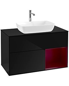 Villeroy und Boch Finion Waschtischunterschrank F782HBPH 100cm, Abdeckplatte black matt, Regale Peony matt lacquer, Glossy Black Lacquer