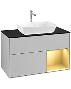Villeroy und Boch Finion Waschtischunterschrank F782HFGJ 100cm, Abdeckplatte black matt, Regale Gold matt lacquer, Light grey matt