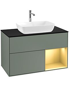Villeroy und Boch Finion Waschtischunterschrank F782HFGM 100cm, Abdeckplatte black matt, Regale Gold matt lacquer, Olive Matt Lacquer