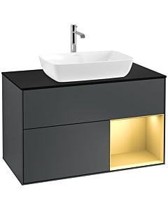 Villeroy und Boch Finion Waschtischunterschrank F782HFHG 100cm, Abdeckplatte black matt, Regale Gold matt lacquer, Midnight Blue Matt Lacquer