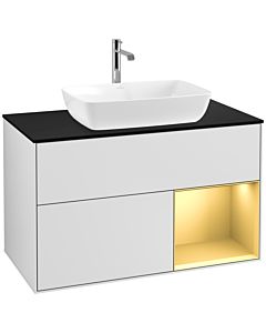 Villeroy und Boch Finion Waschtischunterschrank F782HFMT 100cm, Abdeckplatte black matt, Regale Gold matt lacquer, White matt lacquer