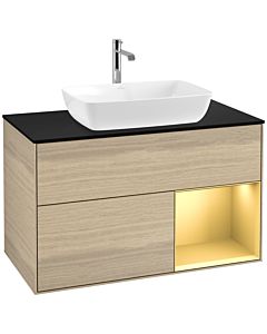 Villeroy und Boch Finion Waschtischunterschrank F782HFPC 100cm, Abdeckplatte black matt, Regale Gold matt lacquer, Oak Veneer