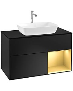 Villeroy und Boch Finion Waschtischunterschrank F782HFPD 100cm, Abdeckplatte black matt, Regale Gold matt lacquer, Black matt lacquer