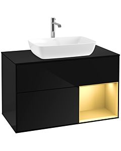 Villeroy und Boch Finion Waschtischunterschrank F782HFPH 100cm, Abdeckplatte black matt, Regale Gold matt lacquer, Glossy Black Lacquer
