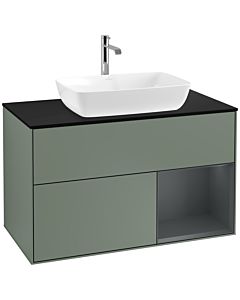 Villeroy und Boch Finion Waschtischunterschrank F782HGGM 100cm, Abdeckplatte black matt, Regale Midnight matt lacquer, Olive Matt Lacquer