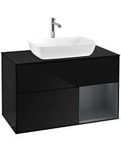 Villeroy und Boch Finion Waschtischunterschrank F782HGPH 100cm, Abdeckplatte black matt, Regale Midnight matt lacquer, Glossy Black Lacquer