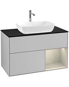 Villeroy und Boch Finion Waschtischunterschrank F782HHGJ 100cm, Abdeckplatte black matt, Regale sand matt lacquer, Light grey matt